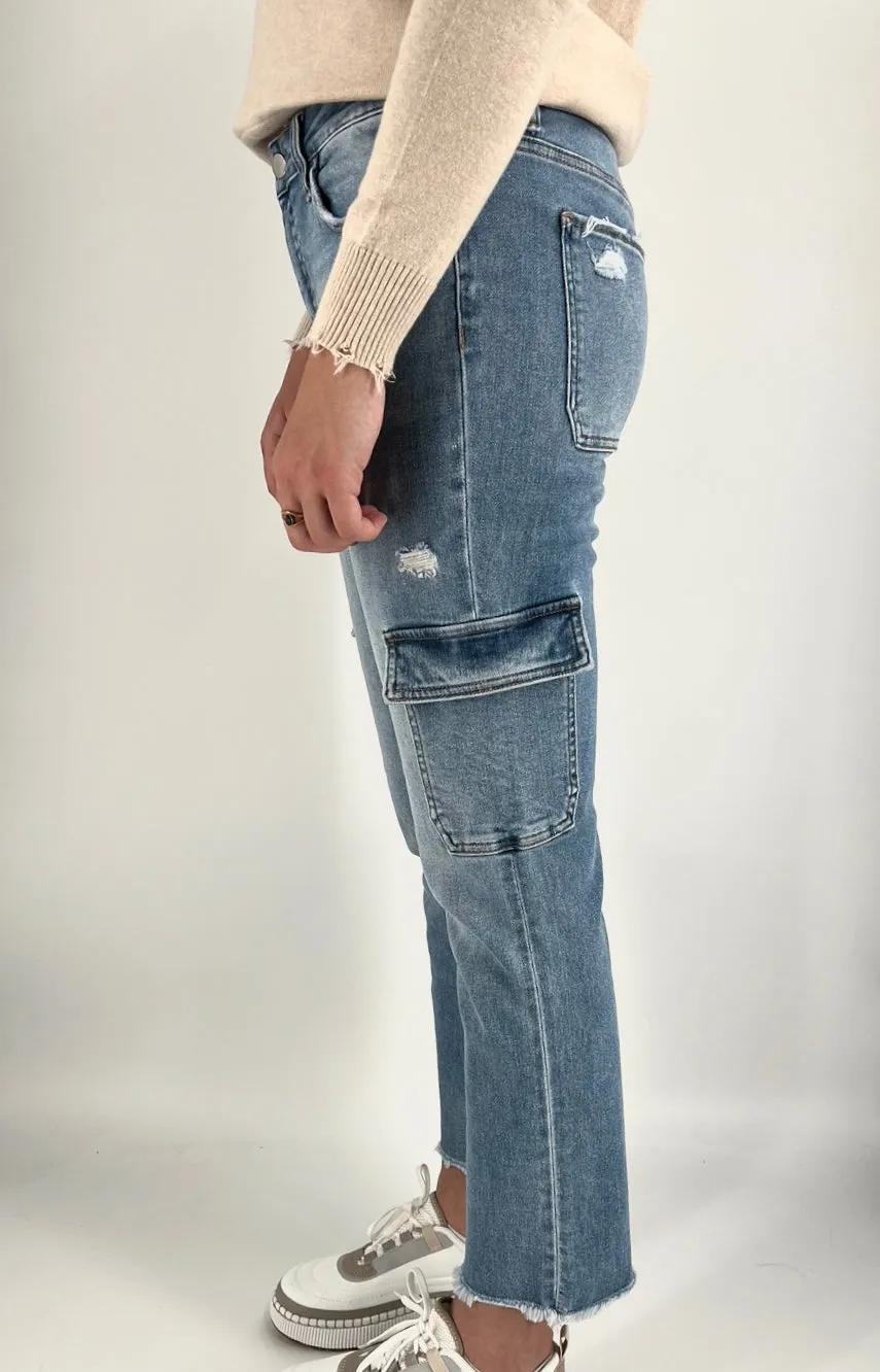 The Mid Rise Cargo Jean in Light Denim