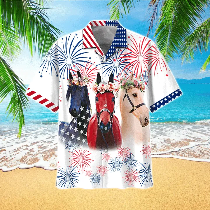 Three Running Horses Fireworks Hawaiian Shirt