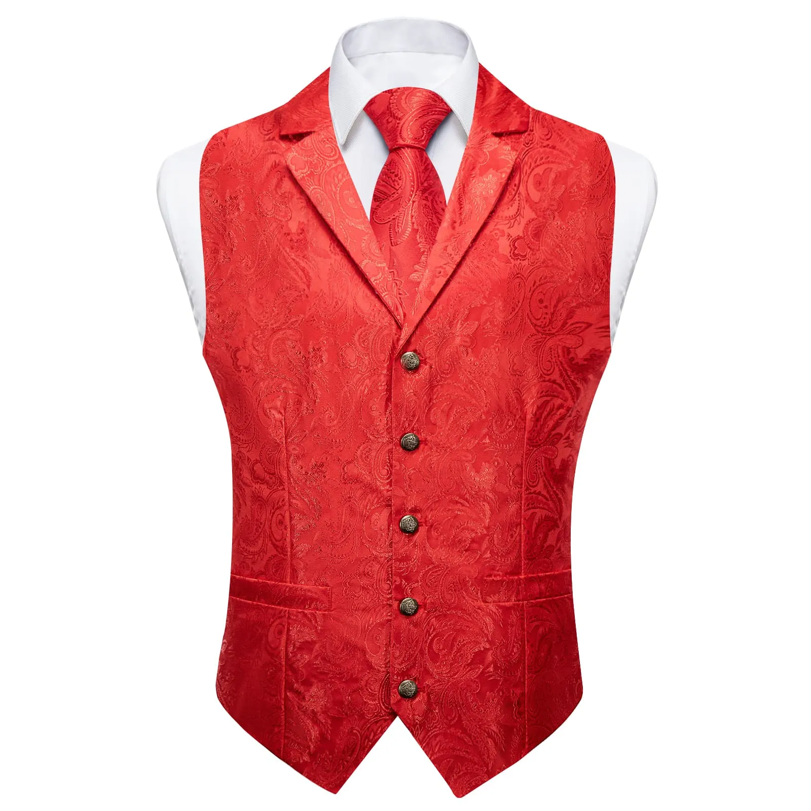 Ties2you Dress Vest Pure Red Paisley Notched Collar Silk Mens Waistcoat Tie Set