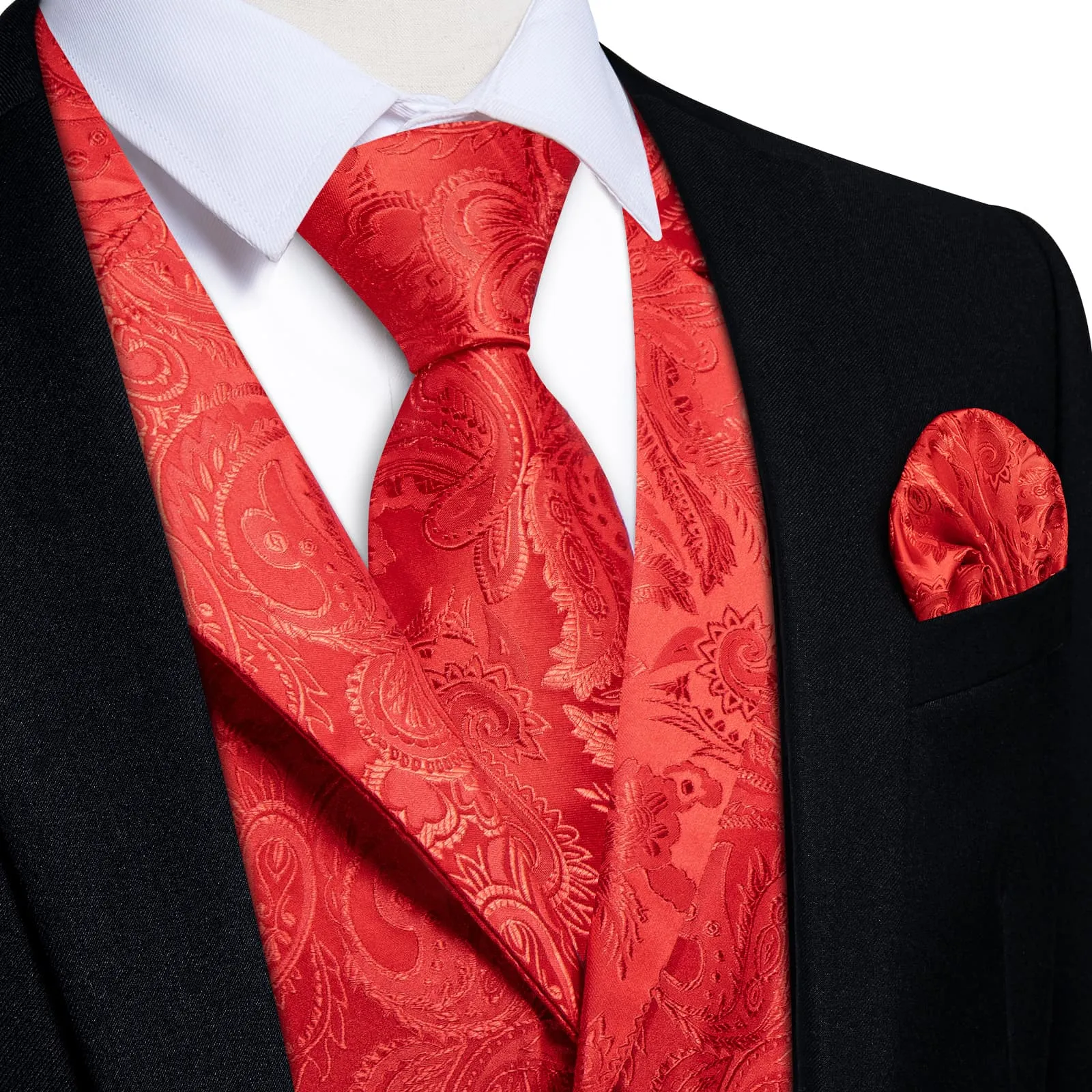 Ties2you Dress Vest Pure Red Paisley Notched Collar Silk Mens Waistcoat Tie Set