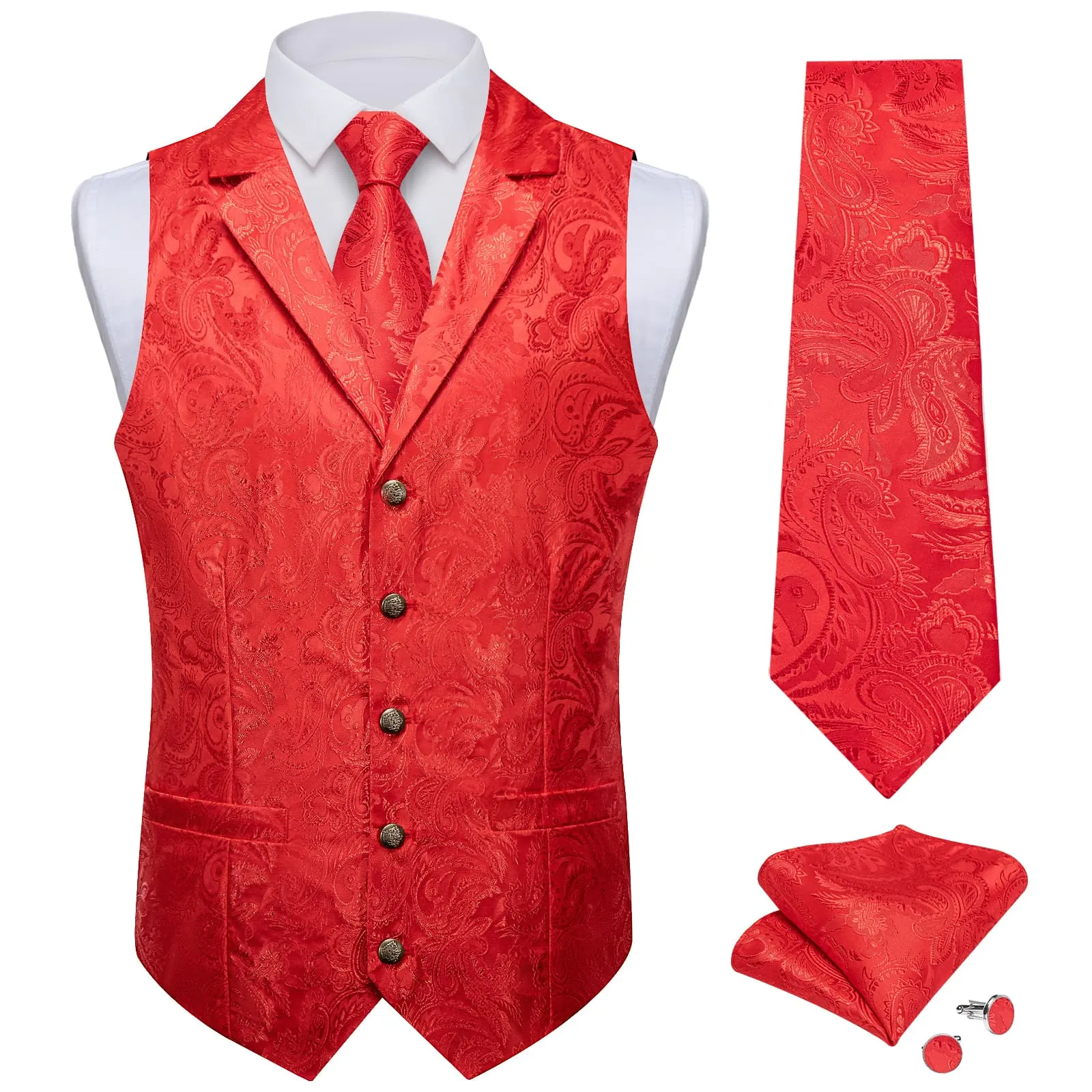 Ties2you Dress Vest Pure Red Paisley Notched Collar Silk Mens Waistcoat Tie Set