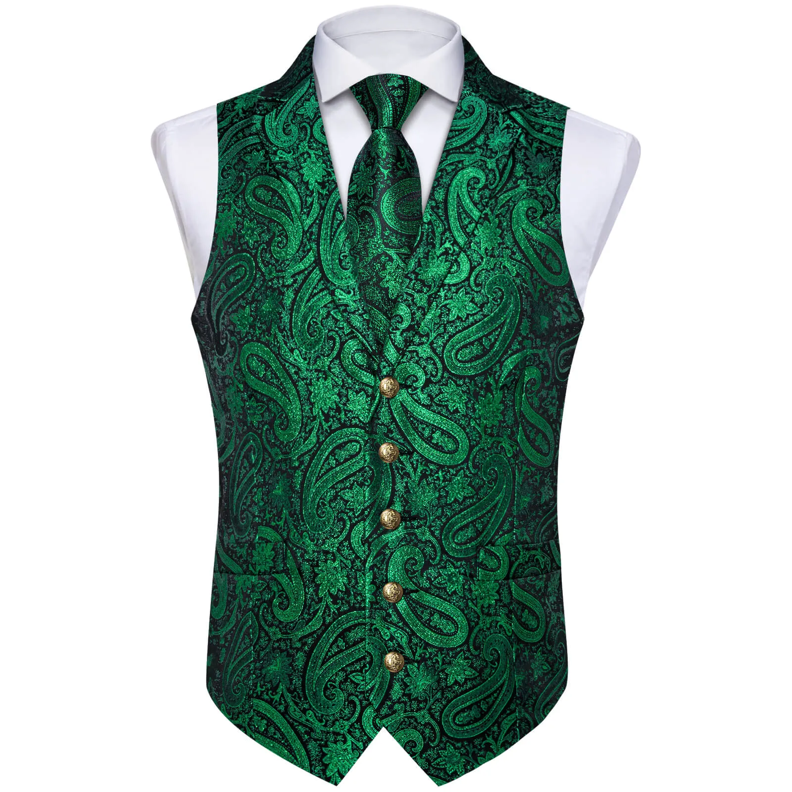 Ties2you Men's Vest Deep Green Jacquard Paisley Silk Suit Vest Tie Set