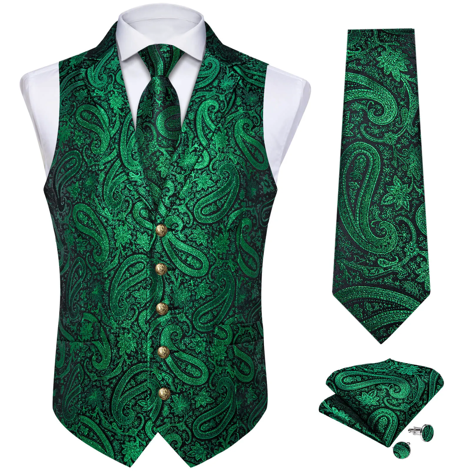 Ties2you Men's Vest Deep Green Jacquard Paisley Silk Suit Vest Tie Set