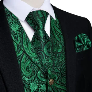 Ties2you Men's Vest Deep Green Jacquard Paisley Silk Suit Vest Tie Set