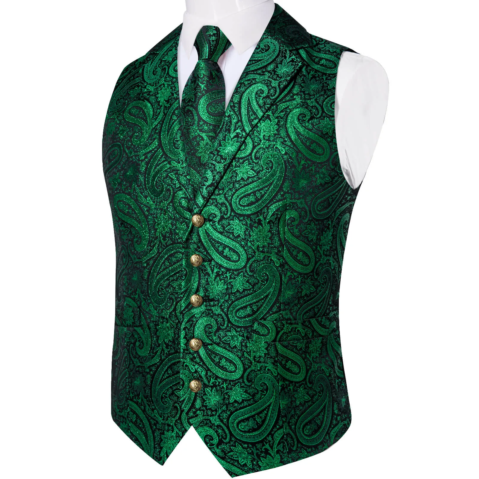 Ties2you Men's Vest Deep Green Jacquard Paisley Silk Suit Vest Tie Set