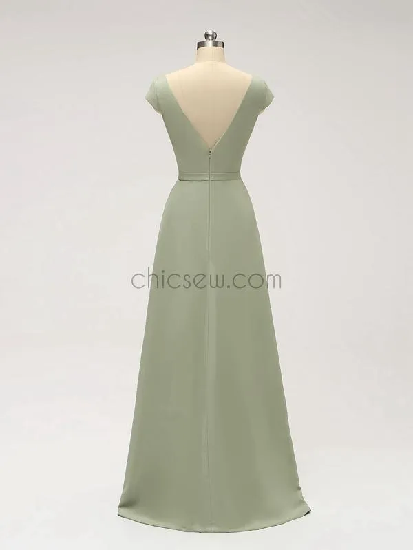 Unique Cap Sleeves V Neck Floor Length Chiffon Long Bridesmaid Dresses XDM1124