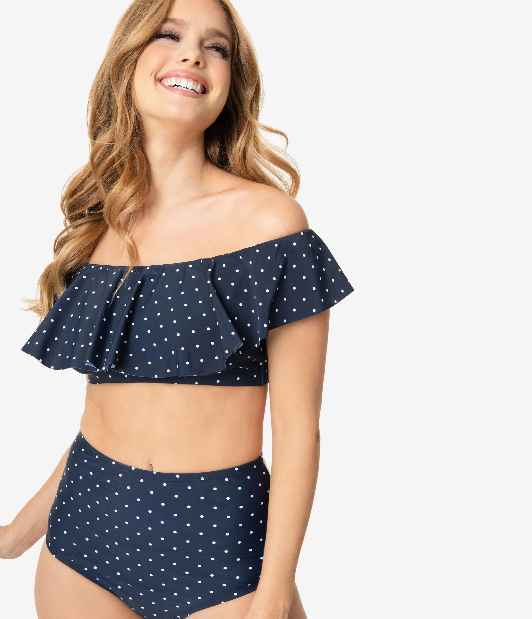 Unique Vintage Navy & White Pin Dot Ruffled Ramona Swim Top