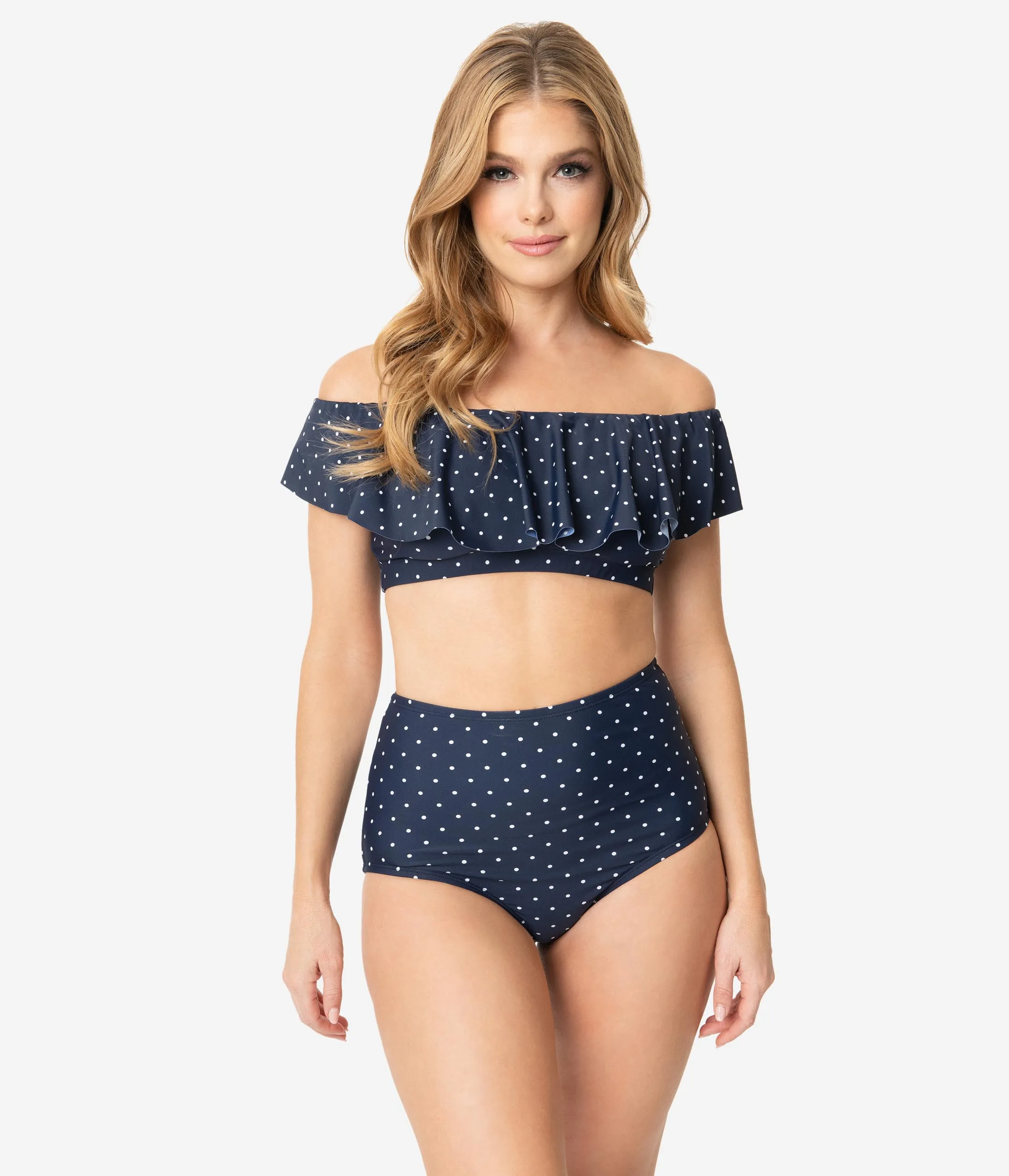 Unique Vintage Navy & White Pin Dot Ruffled Ramona Swim Top