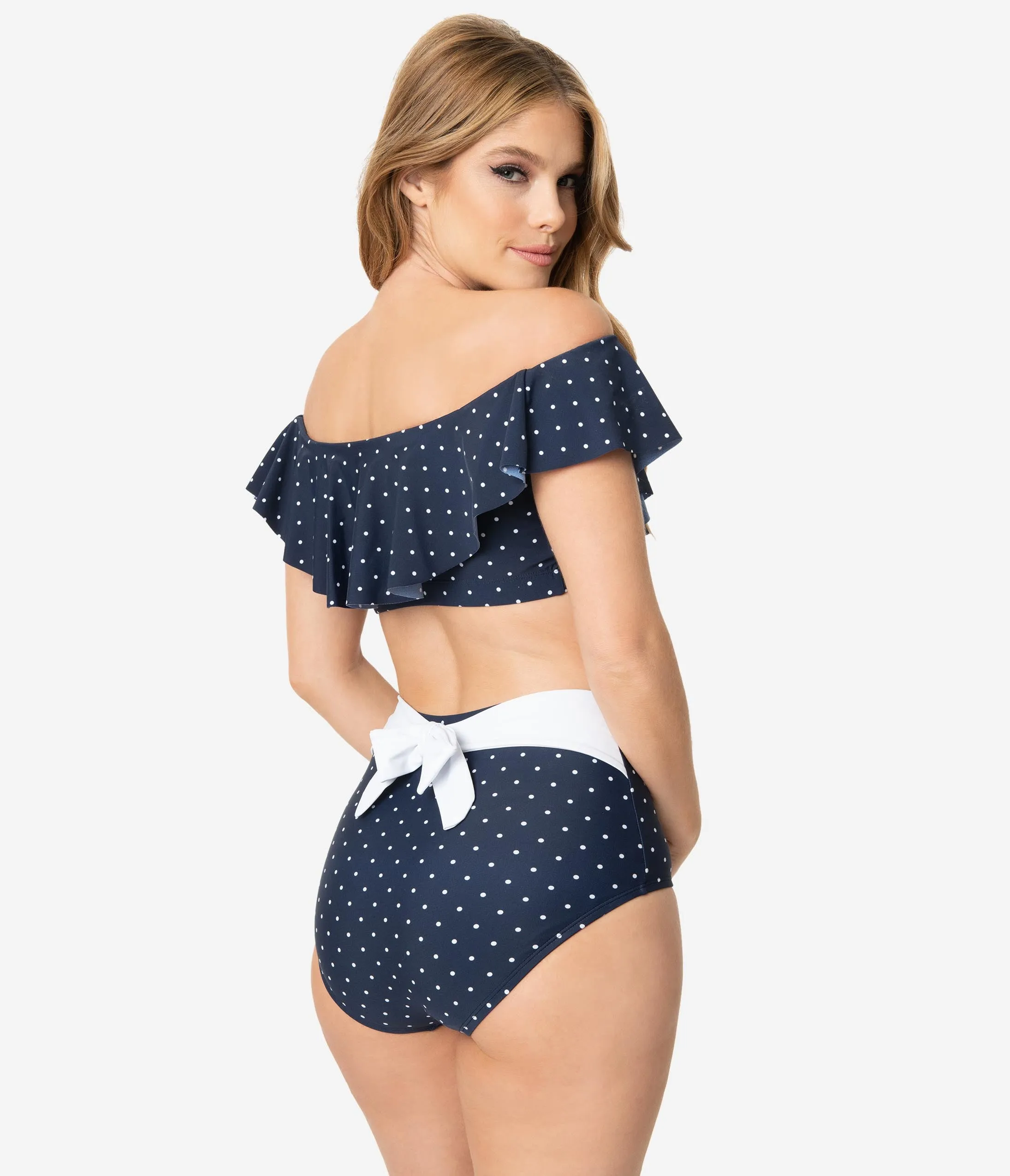 Unique Vintage Navy & White Pin Dot Ruffled Ramona Swim Top