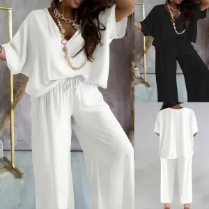 V-neck Batwing Sleeve Loose Wide Leg Pants Suit Women