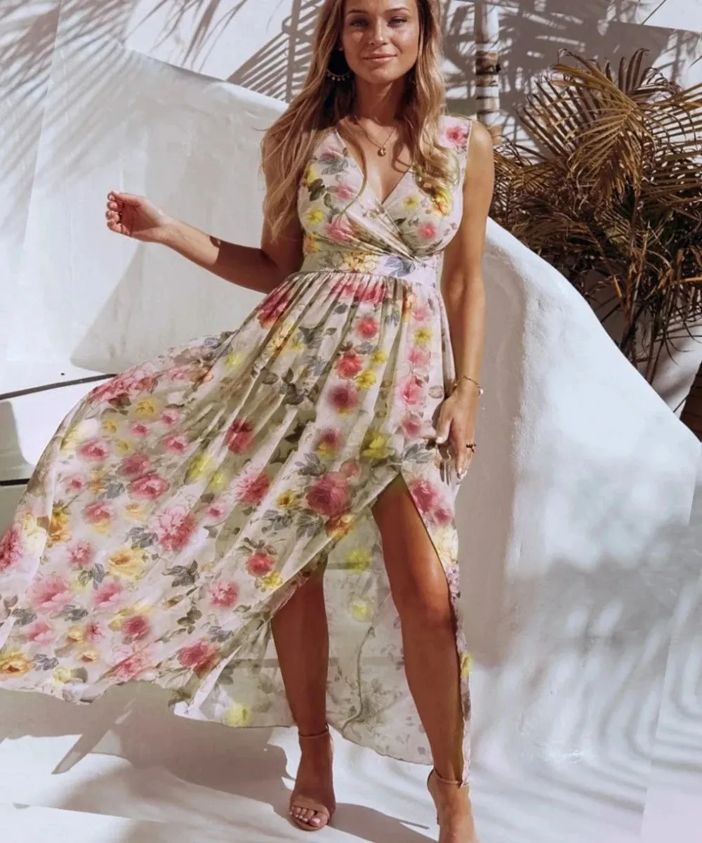 V Neck Split Floral Print Long Spaghetti Strap Chiffon Elegant Maxi Dress