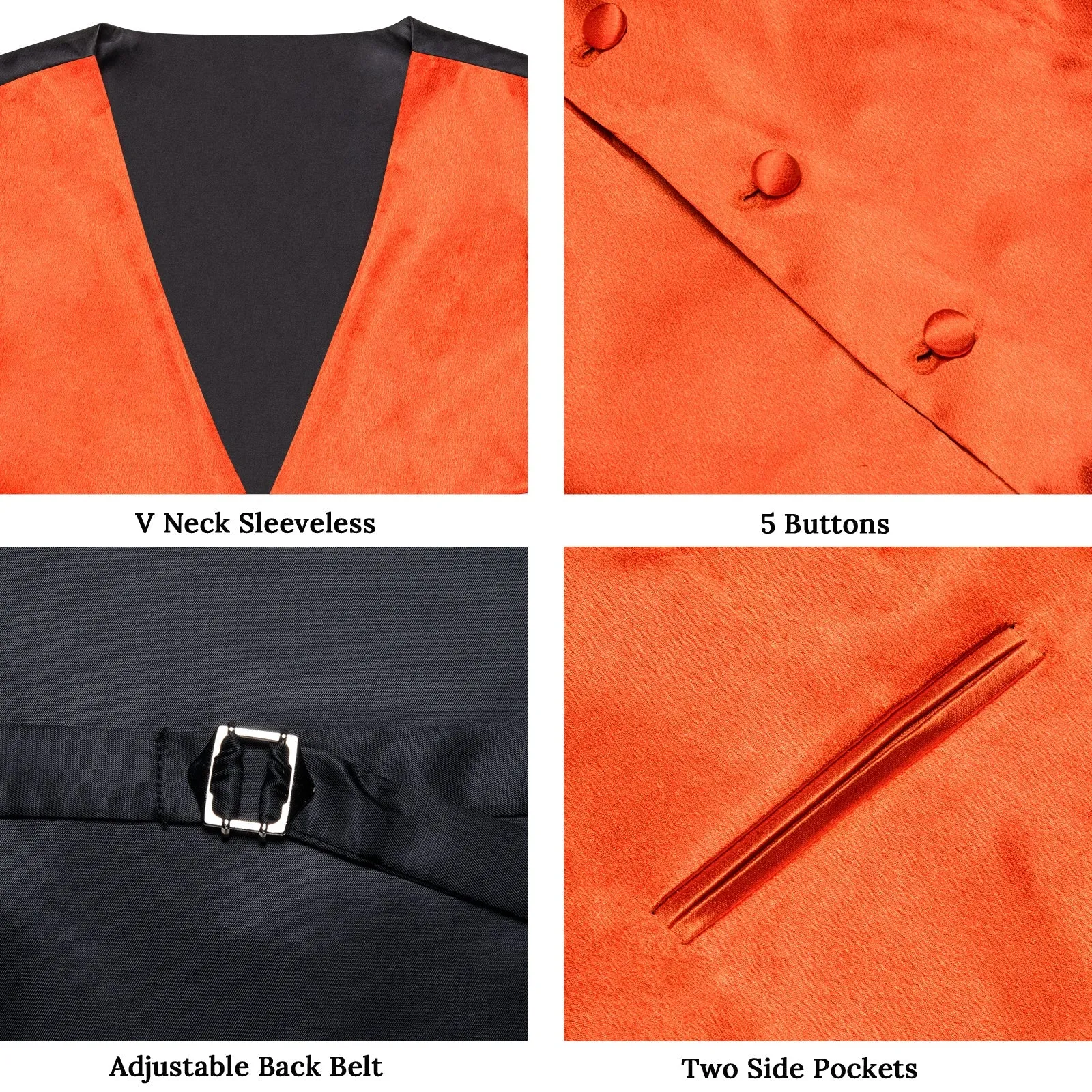 Vibrant Orange Solid Shining Silk Formal Men's Vest Hanky Cufflinks Tie Set