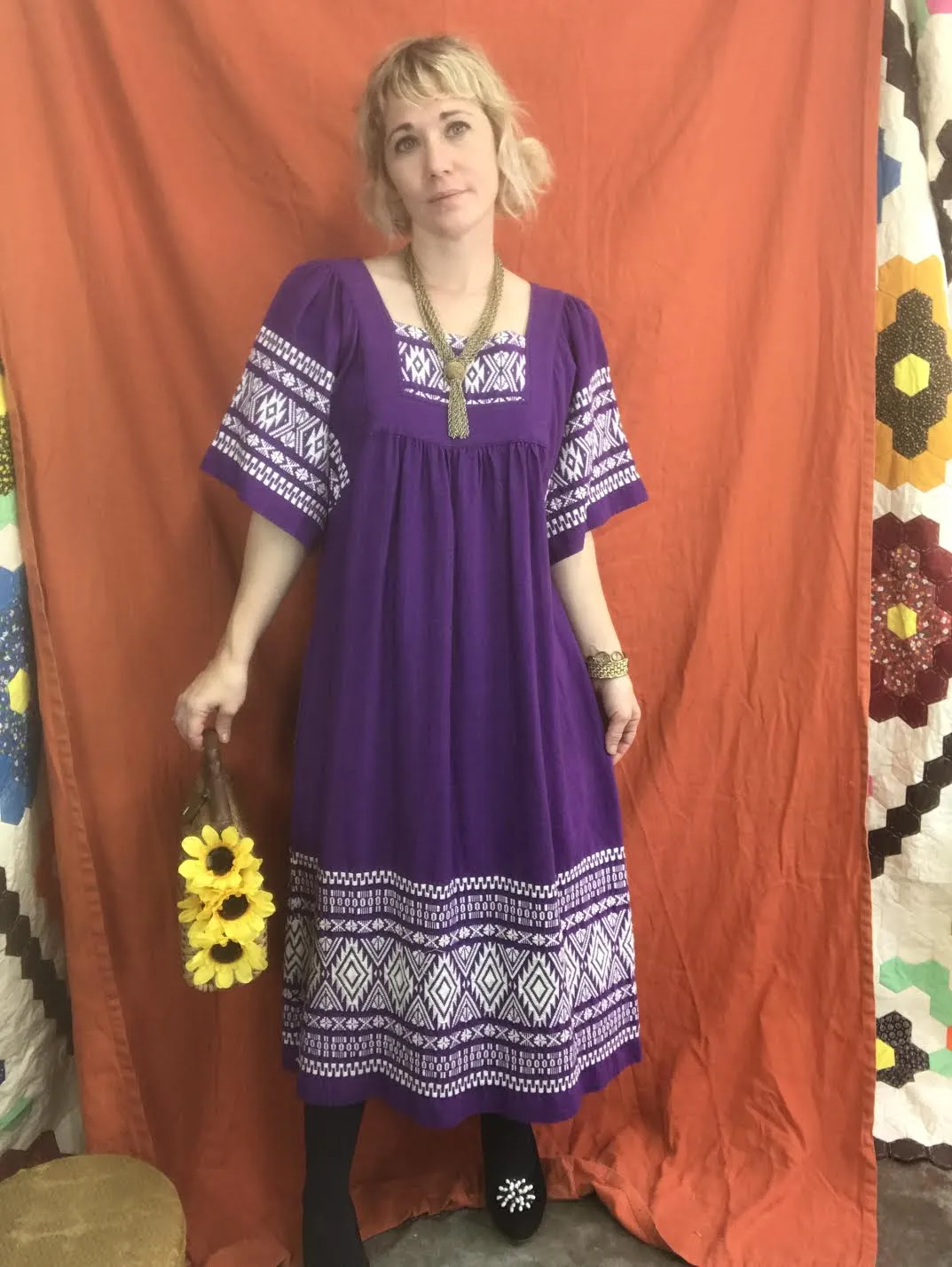 Vintage 70s | Guatemalan | Oaxacan Style MuuMuu Cotton Caftan Boho Dress | Sz L