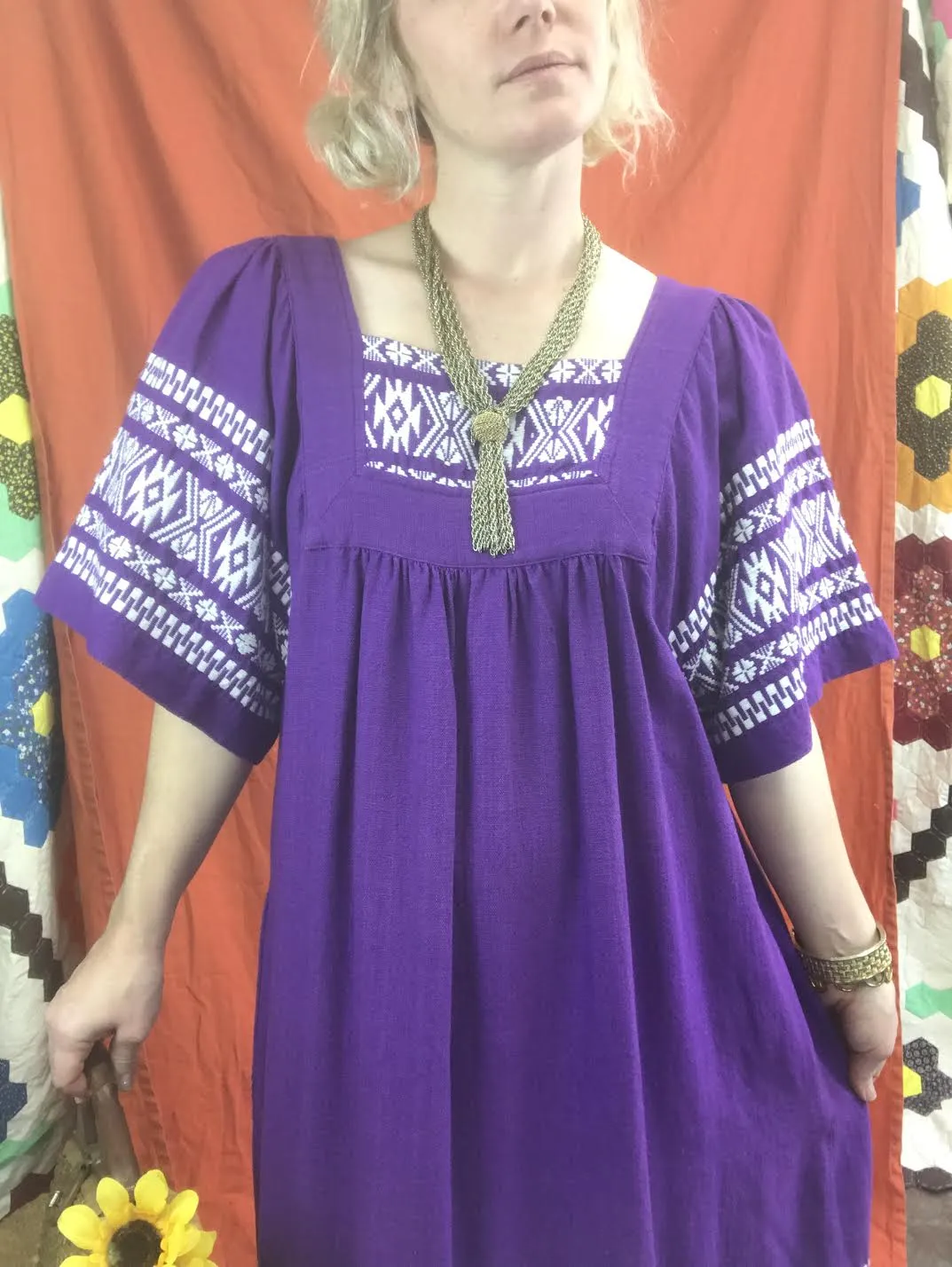 Vintage 70s | Guatemalan | Oaxacan Style MuuMuu Cotton Caftan Boho Dress | Sz L