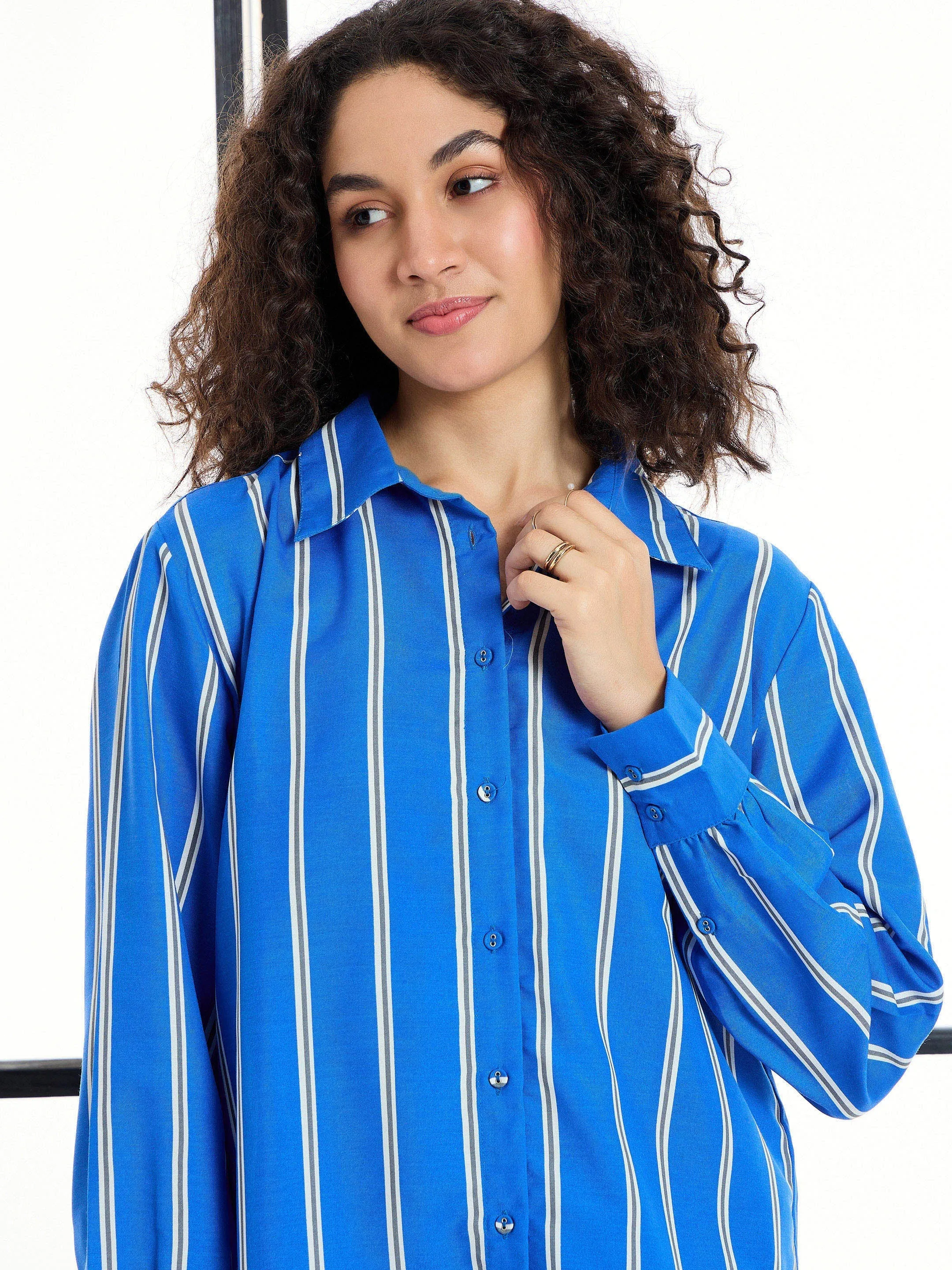 Women Blue Stripes Shirt With Lounge Pants