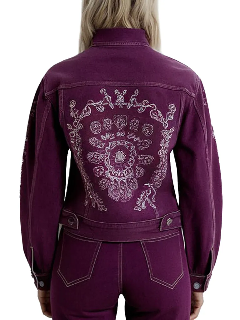 Women's Artistic Design Purple Denim Jacket With White Embroidery