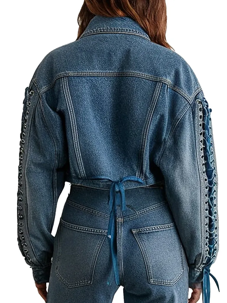 Women's Cropped Blue Stylish Lace-Up Sleeves Denim Jacket