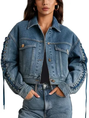 Women's Cropped Blue Stylish Lace-Up Sleeves Denim Jacket