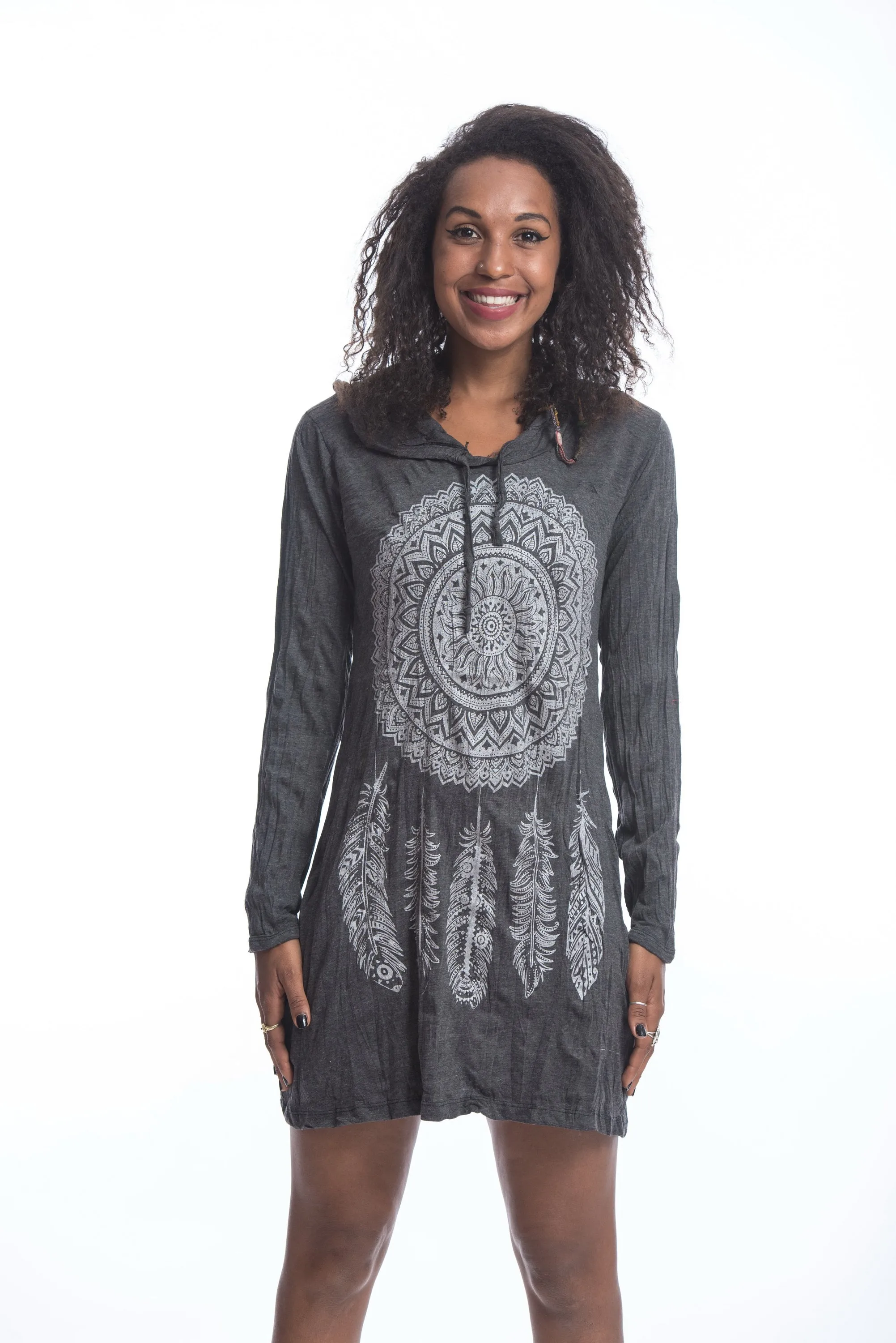 Womens Dreamcatcher Hoodie Dress in Silver on Black