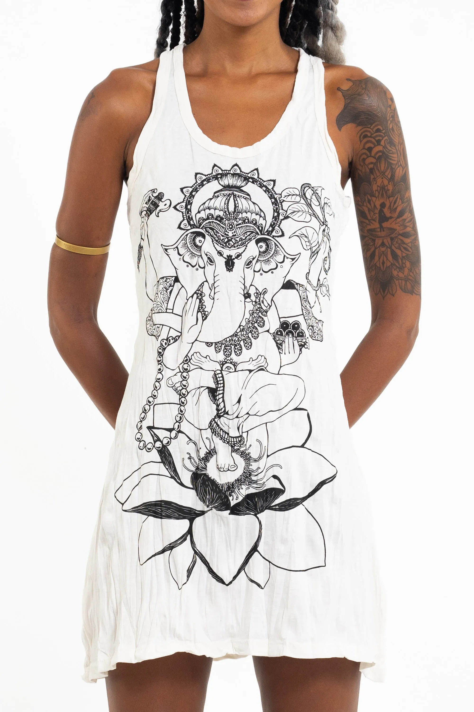 Womens Lord Ganesh Tank Dress in White