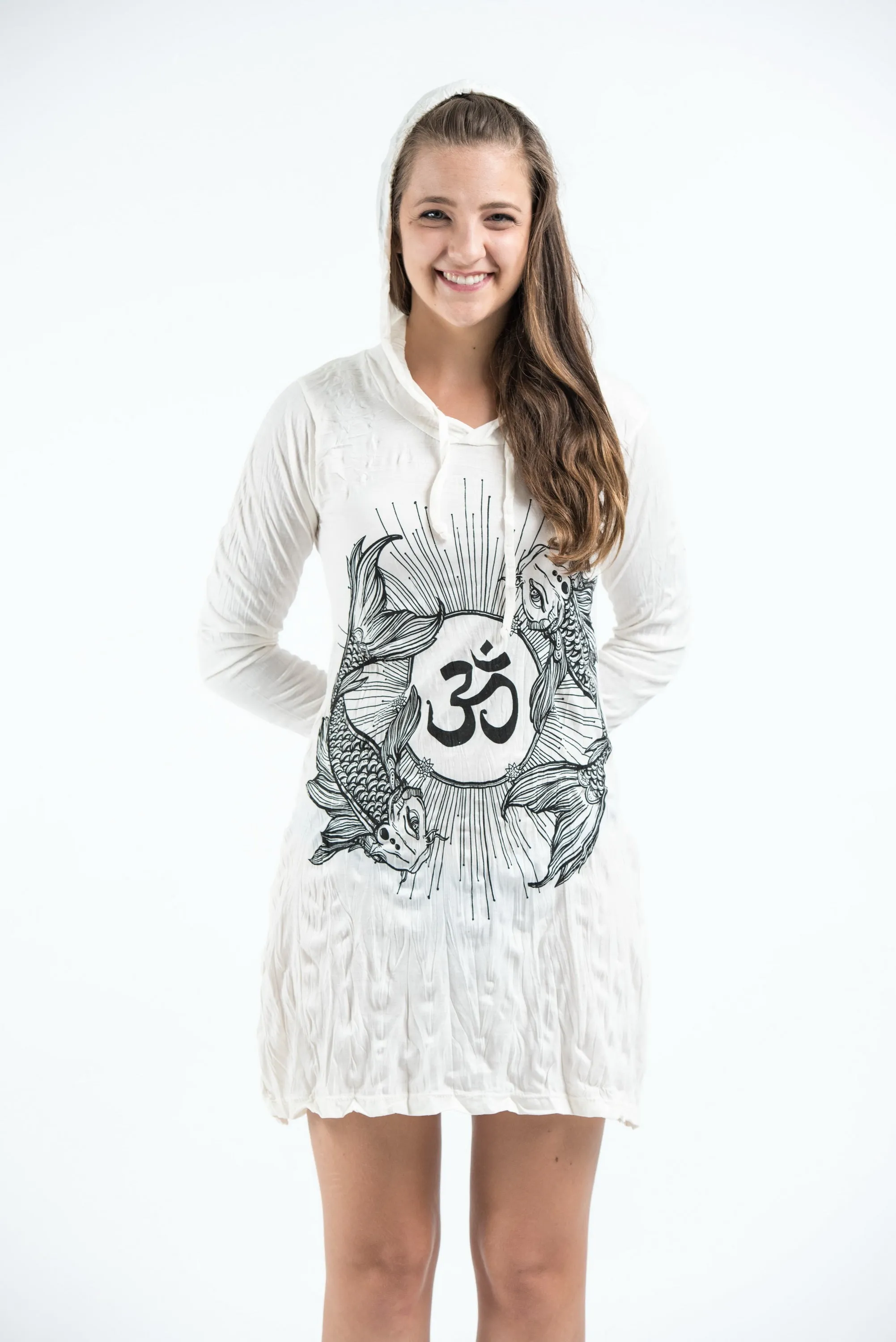 Womens Om and Koi Fish Hoodie Dress in White