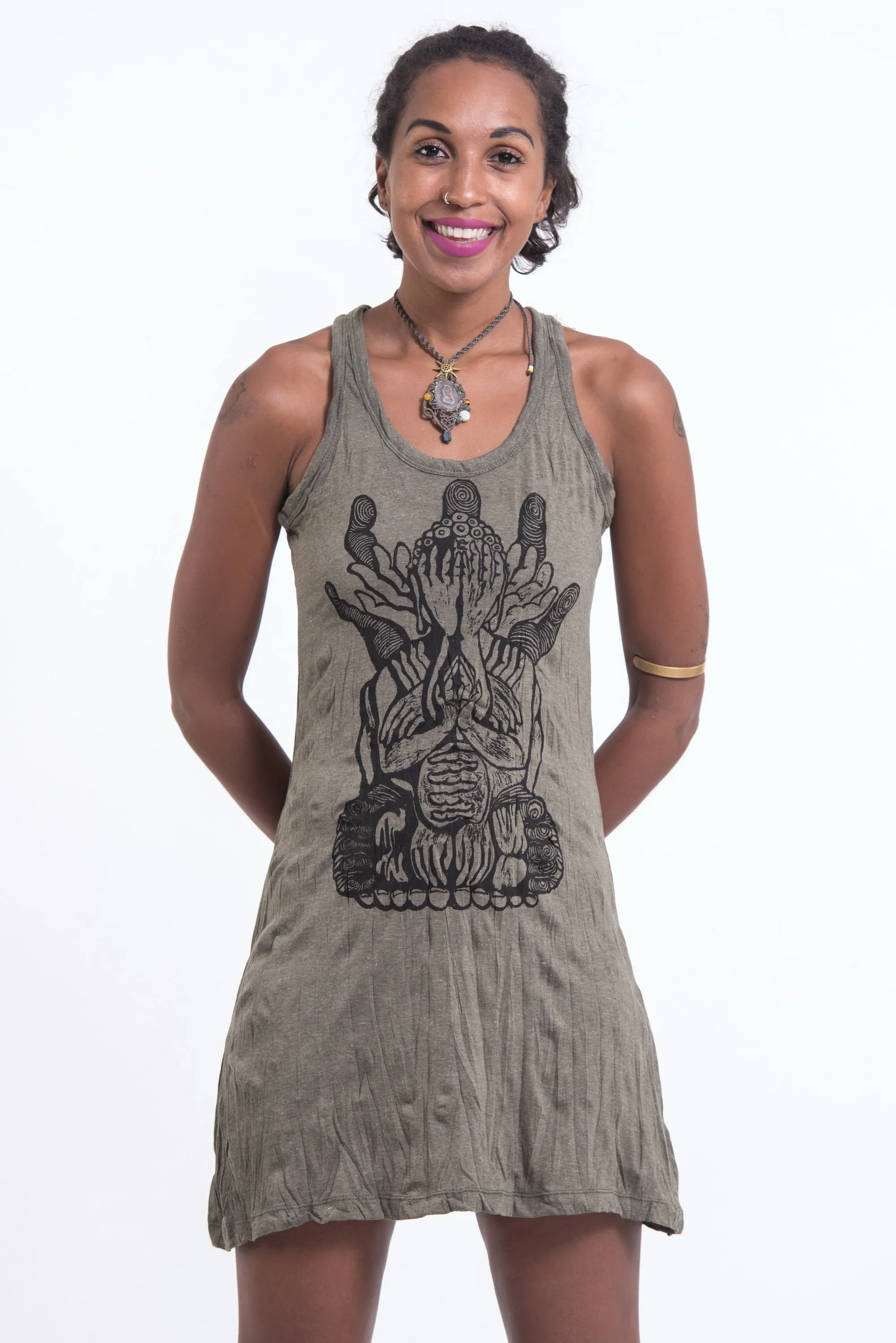 Womens See No Evil Buddha Tank Dress in Green