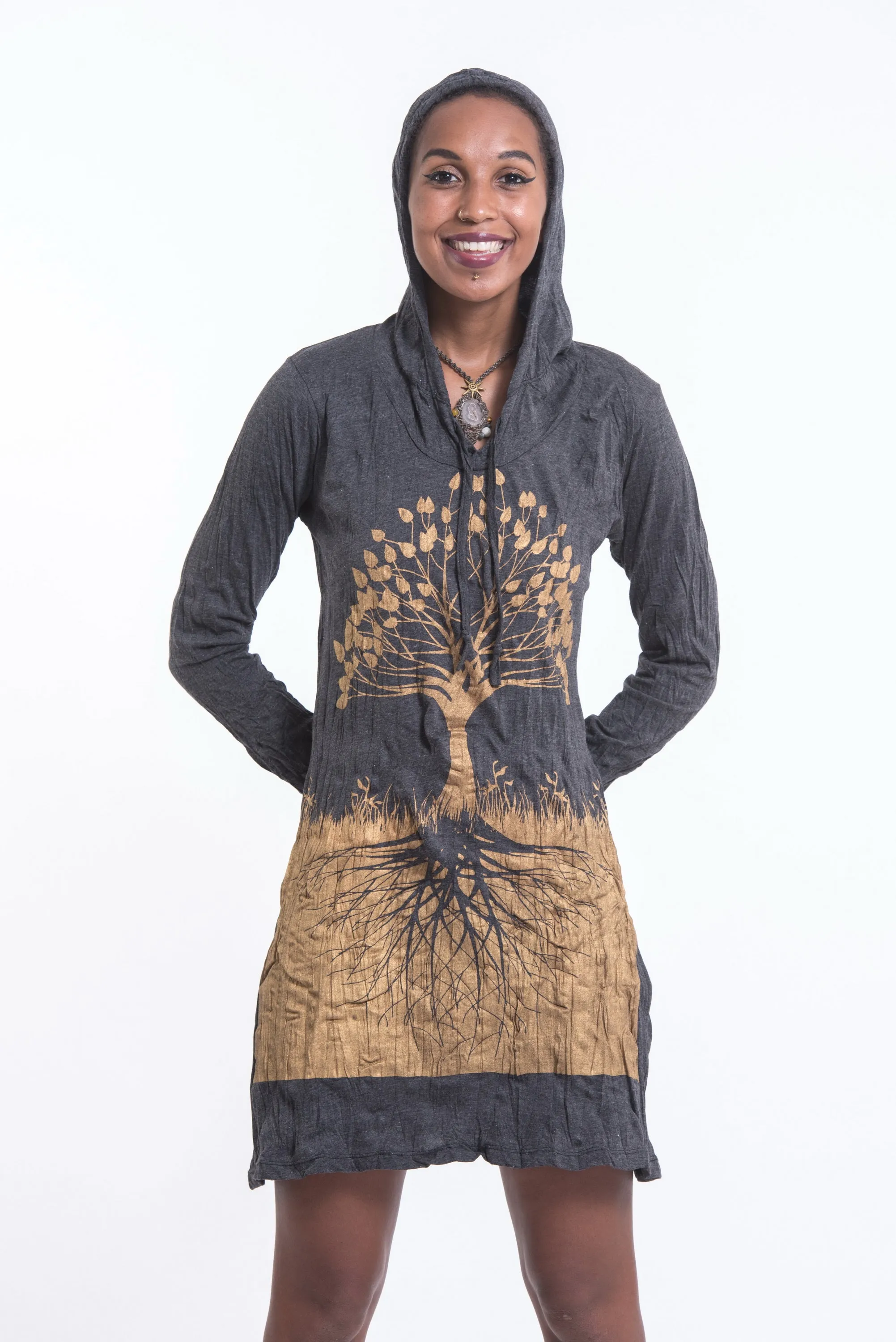 Womens Tree of Life Hoodie Dress in Gold on Black