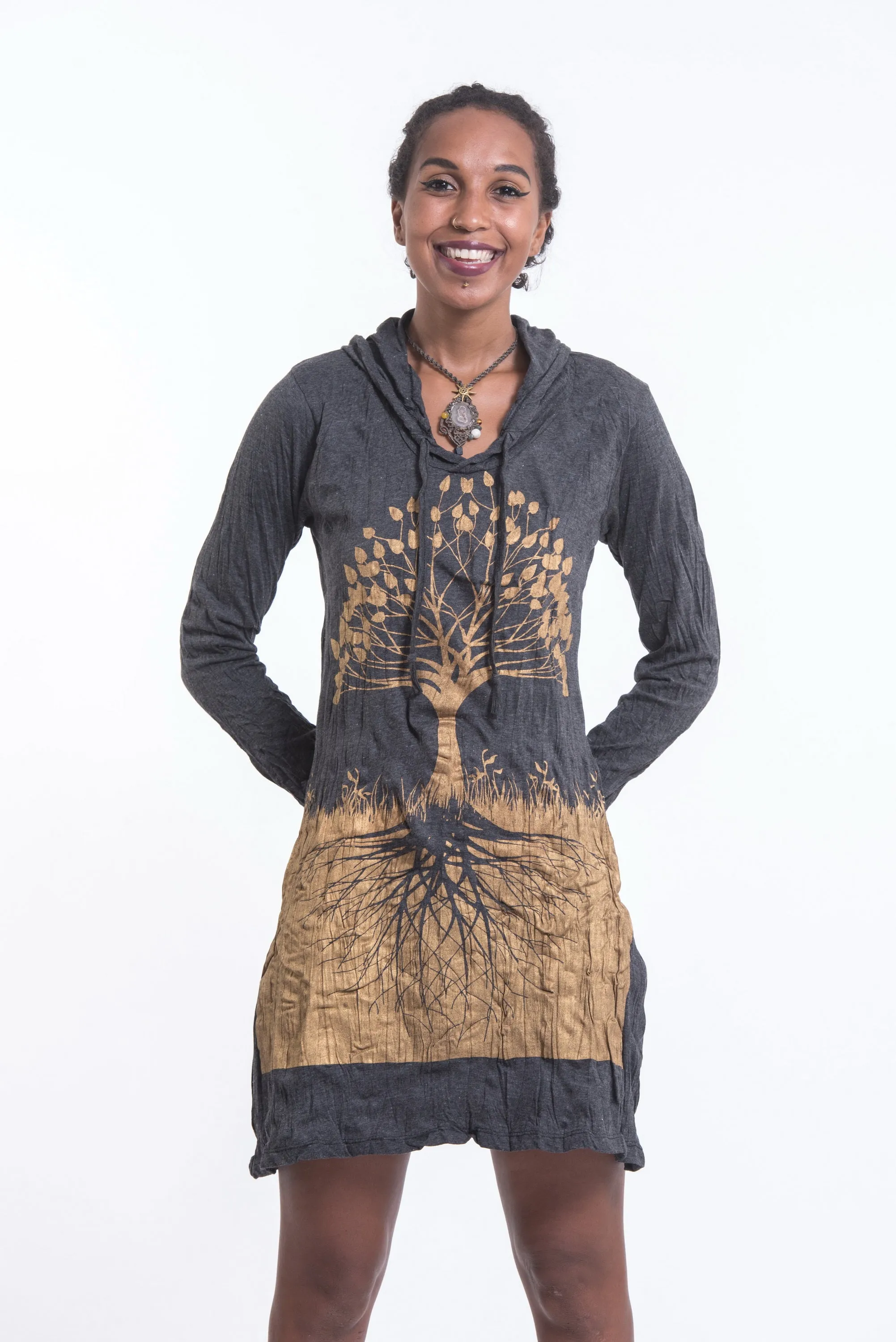 Womens Tree of Life Hoodie Dress in Gold on Black