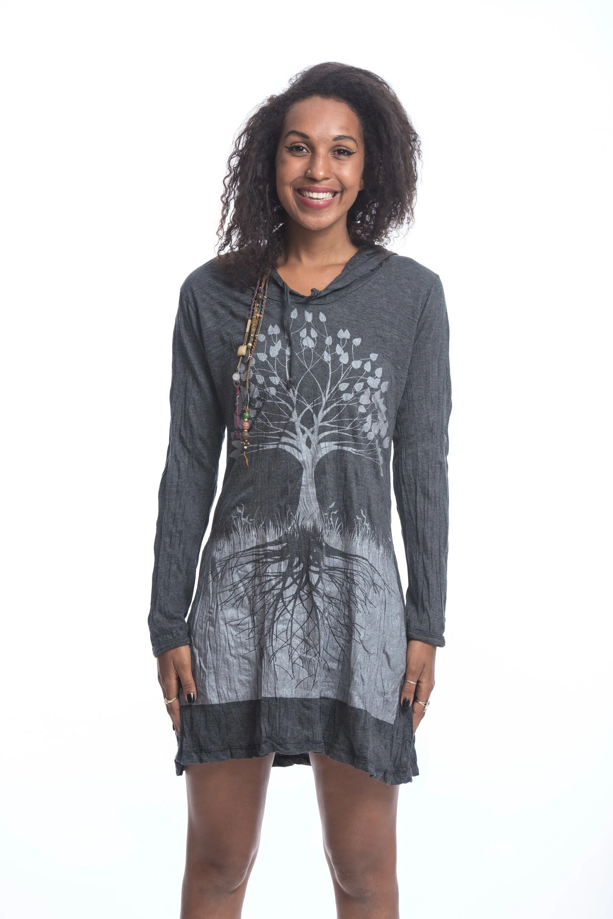 Womens Tree of Life Hoodie Dress in Silver on Black