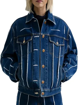 Women's Versatile Blue Denim Jacket with White Stripe Detailing