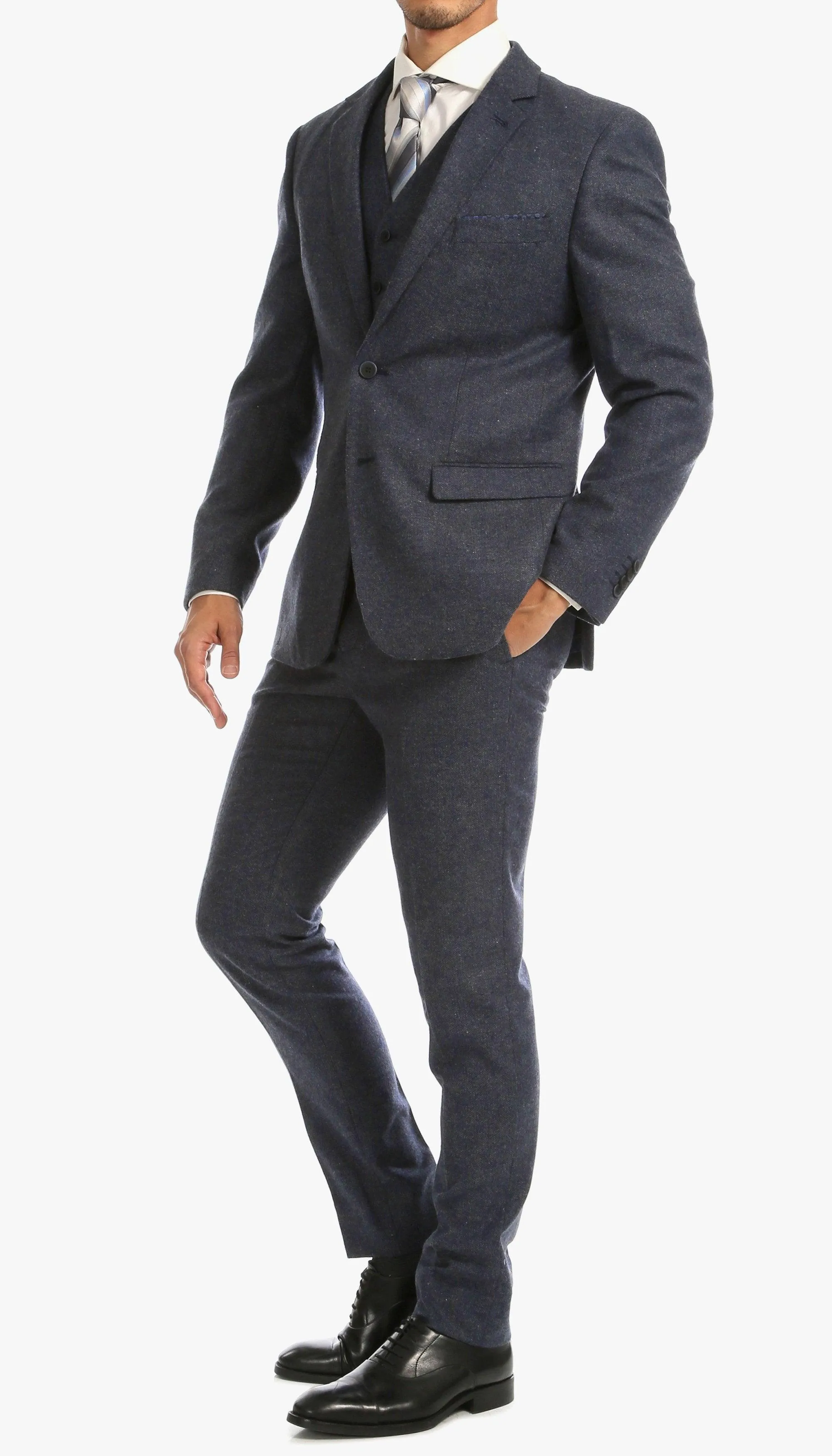 York Navy Slim Fit 3 Piece Herringbone Suit