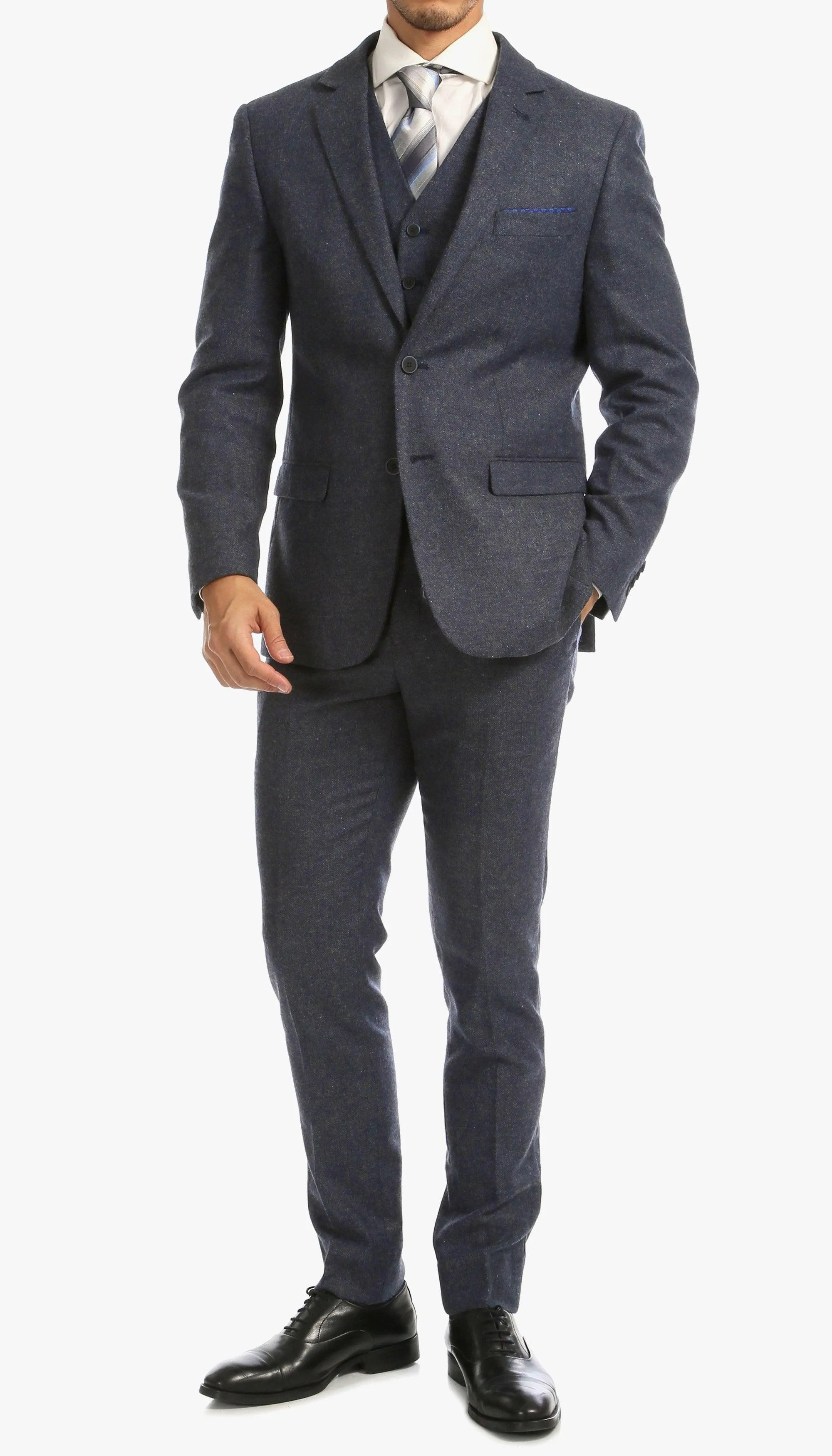 York Navy Slim Fit 3 Piece Herringbone Suit